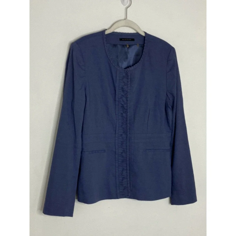 Elie Tahari Linen Snap Front Career Work Lightweight Blue Blazer Jacket Size L - Picture 2 of 4